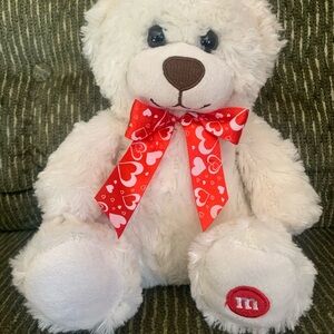 M&M White Teddy Bear with Red Heart Bow